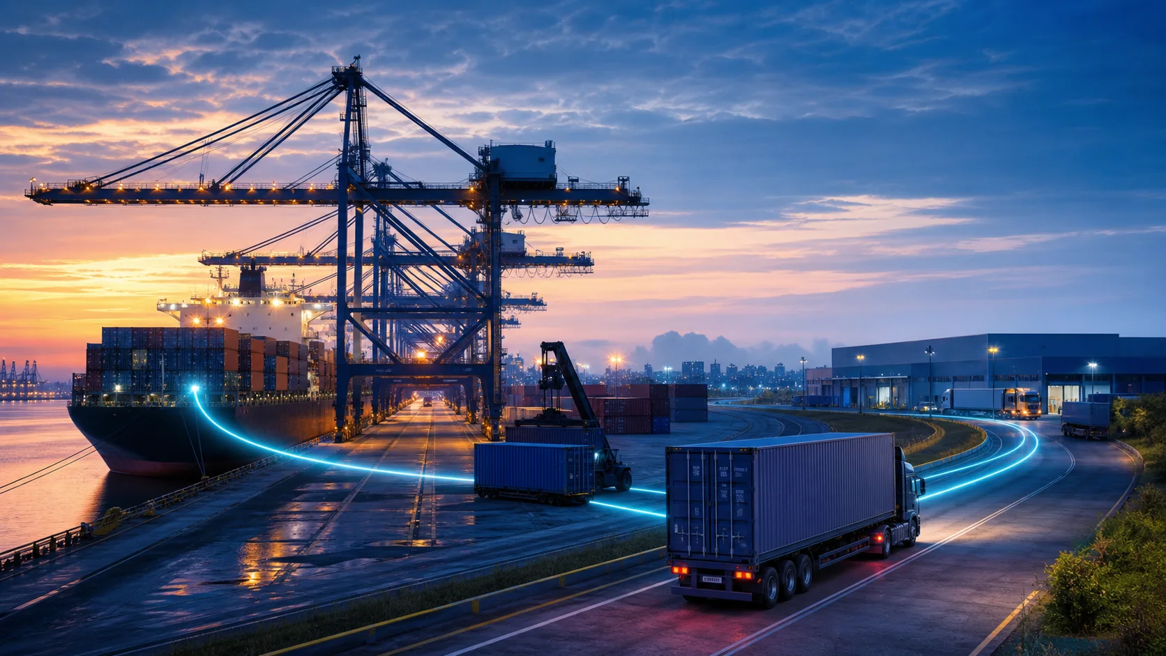 Contêiner sendo acompanhado do navio no porto até o transporte rodoviário para entrega final