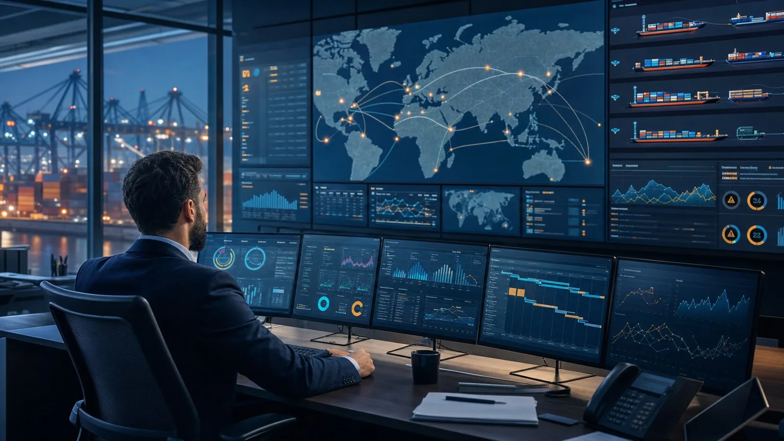 Gestor monitorando múltiplas operações de comércio exterior em dashboards com mapa global, embarques e indicadores