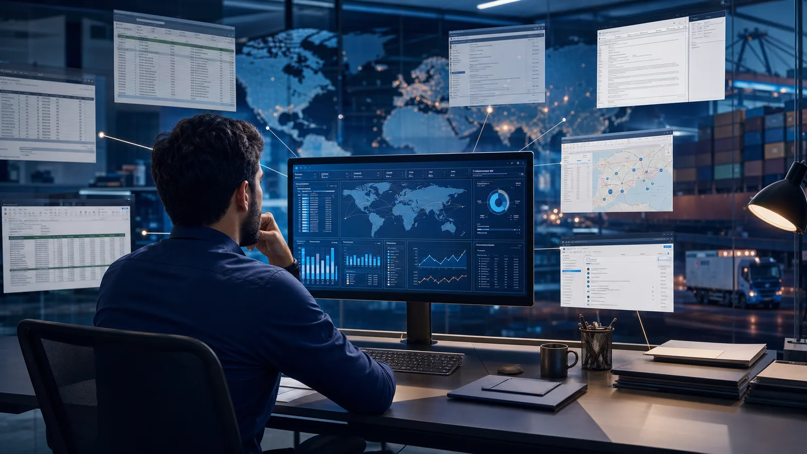 Gestor centralizando dados de planilhas, e-mails e operações de comércio exterior em um único dashboard