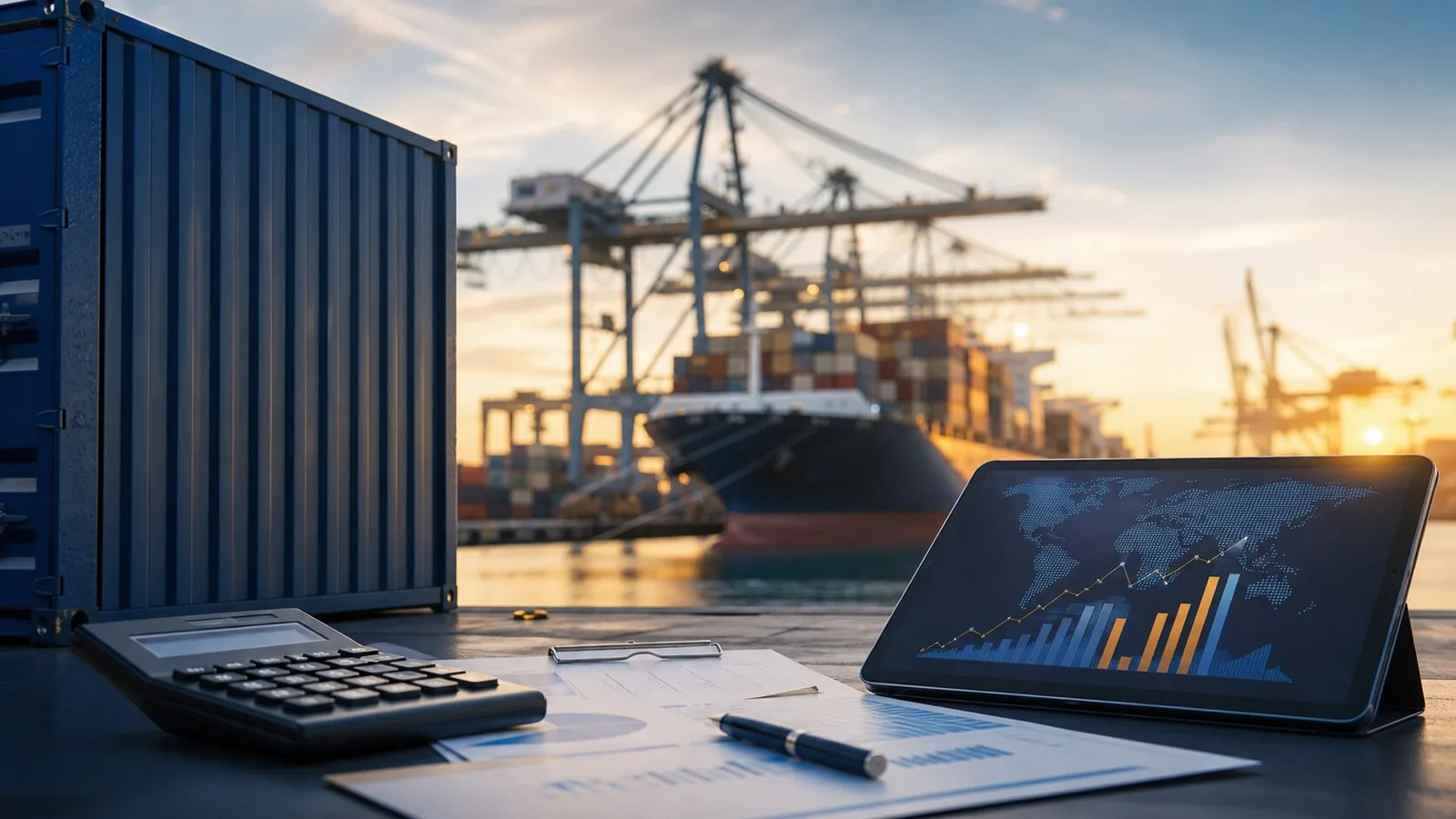 Contêiner, navio, calculadora e painel financeiro representando o landed cost