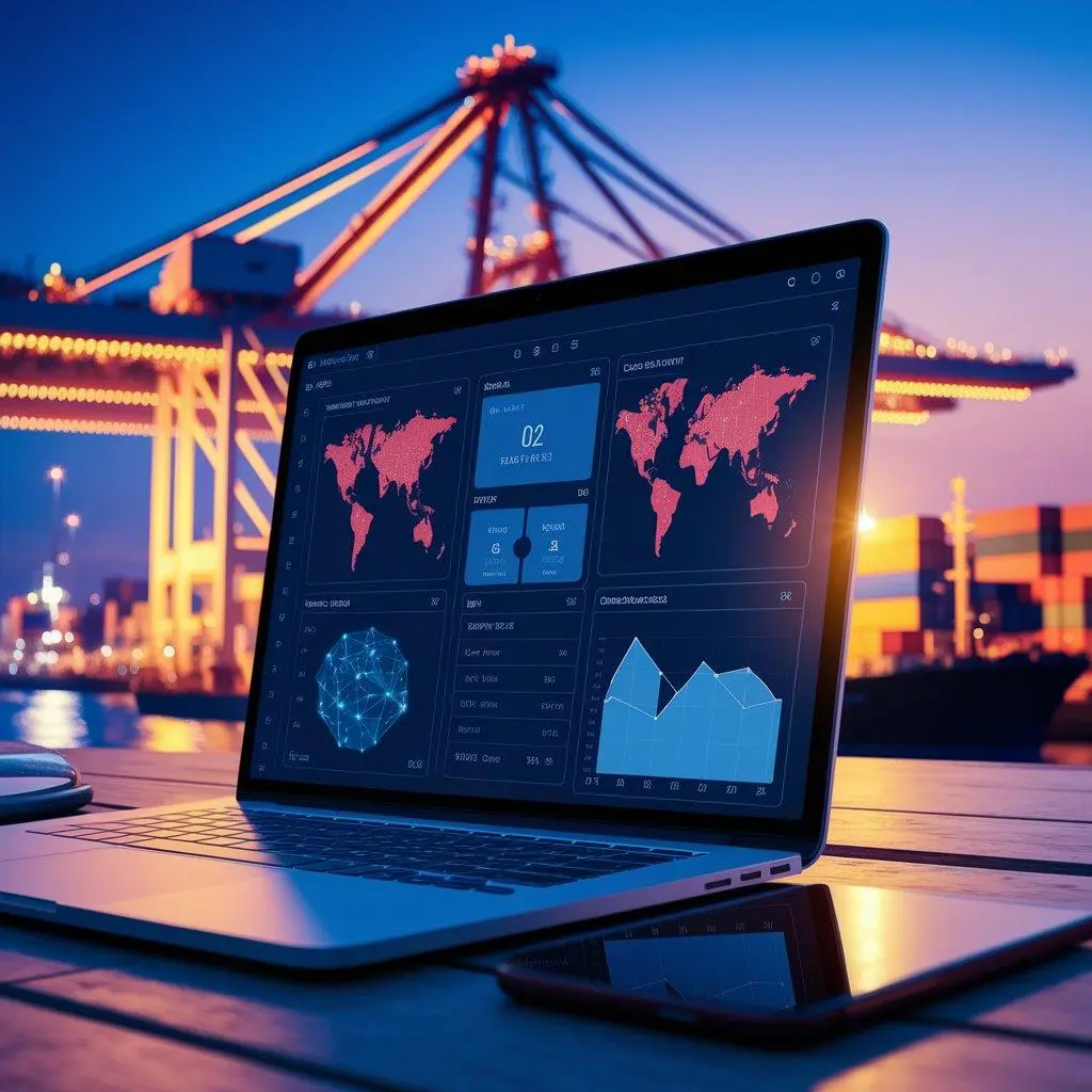 Dashboard de controle de importação em notebook com porto e navio ao fundo