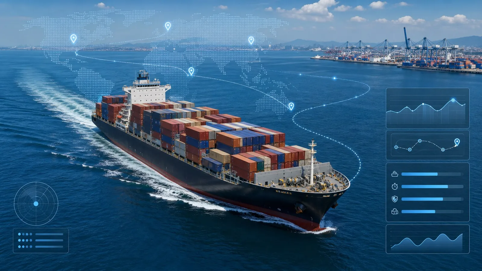 Navio porta-contêineres em trânsito com mapa de rotas marítimas e indicadores de monitoramento logístico